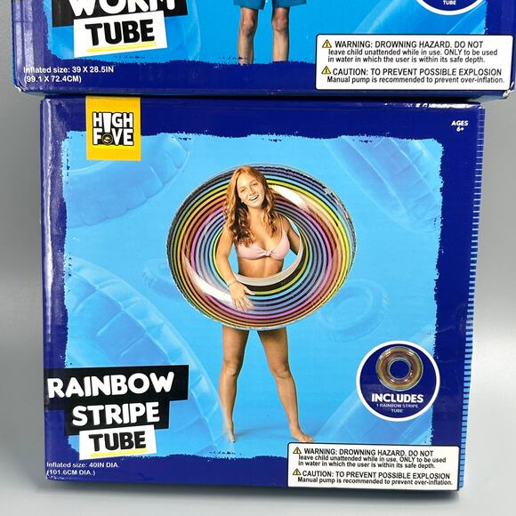Lot of 2 Inflatable Swim TUBE Rings Gummy Worm & Rainbow Stripe Float NEW - Picture 6 of 10